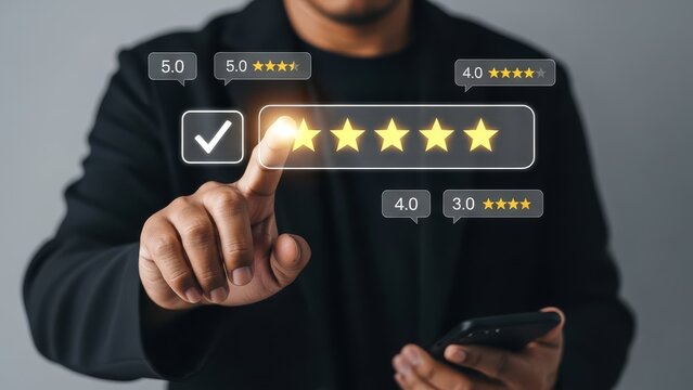 Person gives a five-star rating by touching the highest star on a digital interface, indicating excellent customer satisfaction.