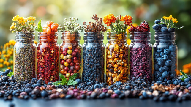 Colorful jars hold spices, herbs, and dried fruits on a table surrounded by plants in an outdoor setting on a sunny day