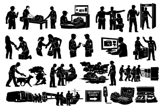 Airport security check process silhouettes.