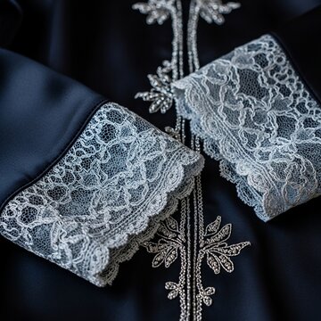 Elegant black silk caftan with intricate white lace embroidery details