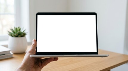 Fototapeta premium Hand holding open laptop with blank screen on wooden desk