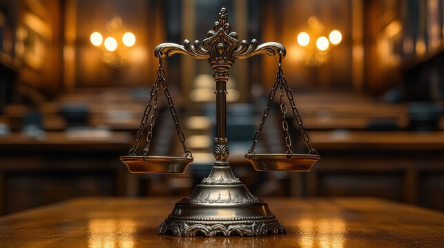 Scales of justice sit on a wooden table in a quiet courtroom with blurred background lights glowing