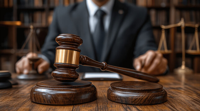 Lawyer holds gavel while preparing for court in law office during busy workday