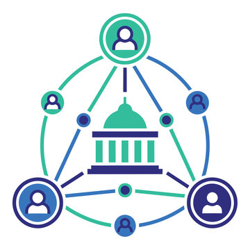 Government building with connected people network and lines  Public administration concept icon