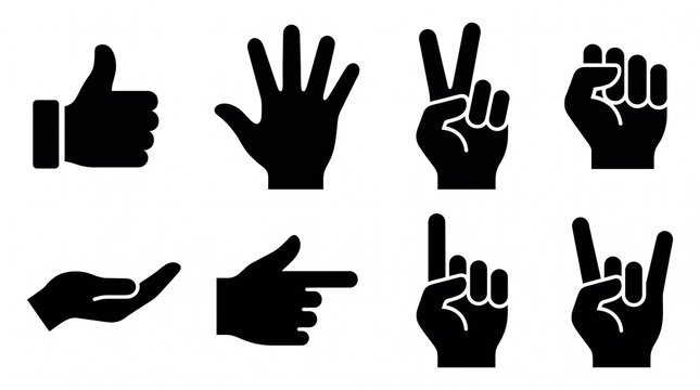 Hand gesture icons set showing thumbs-up, peace sign, fist, pointing, open palm, and expressive communication signals.