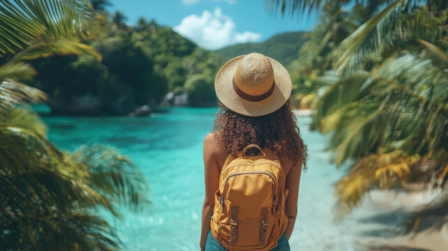 Woman standing near water in a tropical location with palms and mountains in the background on a sunny day