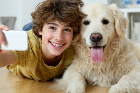 cheerful boy and his dog lie on floor joyful selfie together