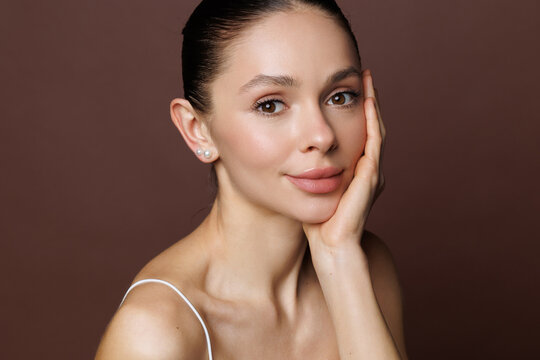 Photo of attractive woman having glamour make up isolated pastel color background