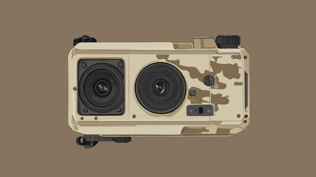 A close-up illustration of a boxy device with two large lens and a camouflage design
