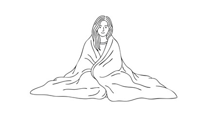 Obraz premium Minimalist Line Art: Woman Wrapped in Blanket, Conveying Comfort, Relaxation, or Feeling Unwell