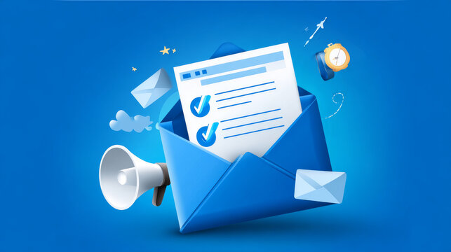 Vector banner illustration of email marketing & message concept. Letter, sheet in an envelope, checkmark. Sending application. Receive News. Filled document. Alert and bell. Blue and White. Eps 10
