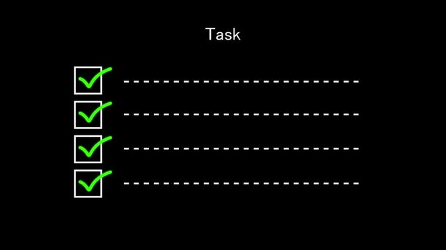 Animated task completed animation. Check mark icon with box an dash line.