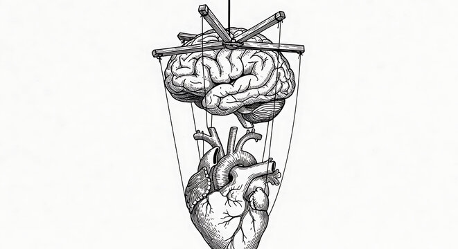 Conceptual illustration of a human brain controlling a heart with puppet strings