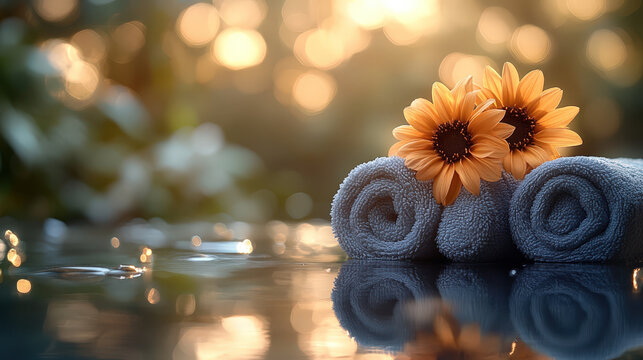 Towels and sunflowers on water with blurred background during evening light