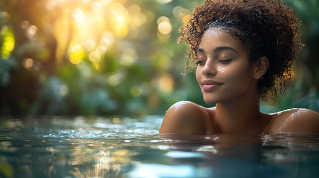 Woman enjoys warm water in a natural setting during daylight hours surrounded by greenery and soft golden sunlight