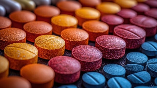Colorful tablets arranged in a pattern on a surface in a clinical setting during daylight hours