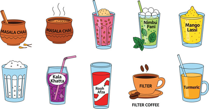 Traditional Indian Beverage Vector Illustration Set Featuring Masala Chai, Mango Lassi, Filter Coffee, and Nimbu Pani for Cultural Food Menus and South Asian Lifestyle Designs