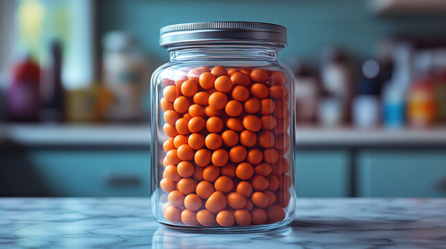 Container holds orange candy pieces in clear jar on countertop in kitchen during daytime