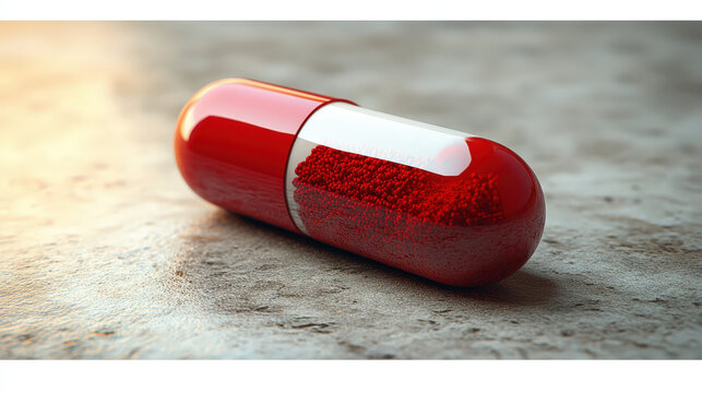 Red capsule with powdered contents placed on a gray surface during daylight hours