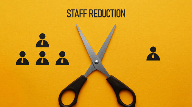 Staff reduction concept with scissors cutting workforce icons, downsizing layoffs business crisis management and restructuring