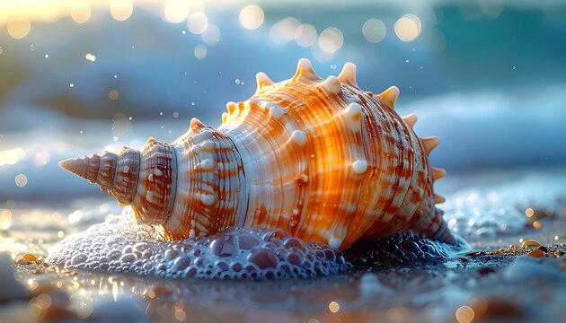 Orange conch shell rests in shallow surf, glistening with sunlight, a serene beach scene