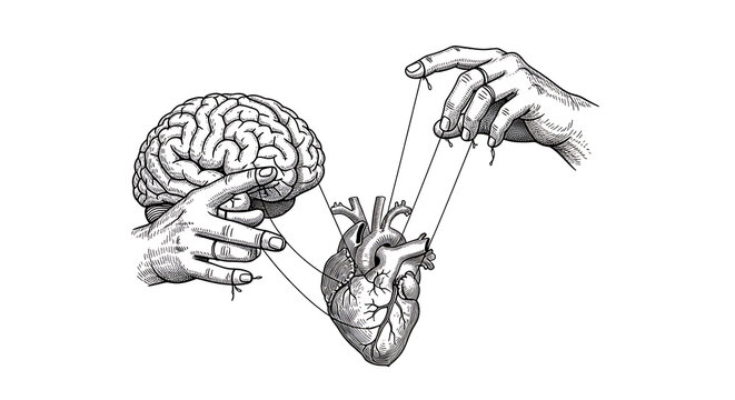 Symbolic illustration depicting hands manipulating a human brain and heart with strings, embodying the intricate relationship and control between rational thought and profound emotion