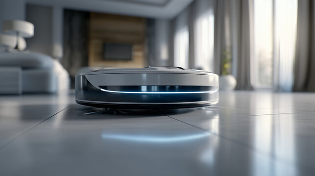 Modern robotic vacuum with LED light cleaning floor in stylish interior. Smart technology and futuristic home appliance concept.