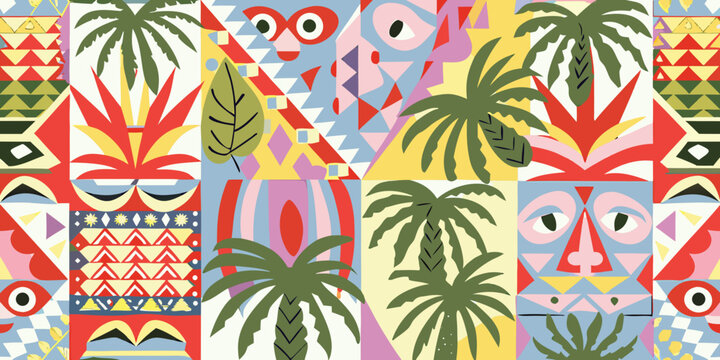 Colorful geometric tiki masks and tropical foliage pattern design