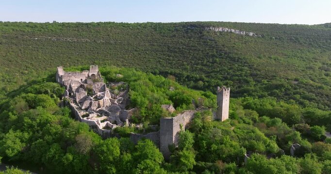 Aerial view of Dvigrad medieval castle ruins in Istria, Croatia