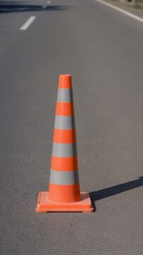 Traffic Cone on Road. Non-Living Things Around Us. Public Objects. a traffic cone standing still, set in a quiet roadside environment, with a visual aesthetic that is clear and instructional
