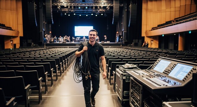 Professional Stage Technician Carrying Cables in an Empty Auditorium H