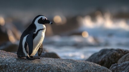 Obraz premium Single african penguin standing on coastal rock with blurred ocean waves in background.