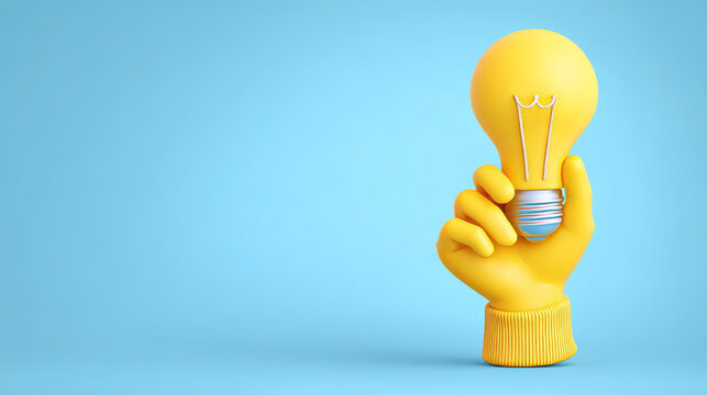 3D Creative Solutions banner illustration. Hand holding light bulb. Innovation and idea concept. Business success. Inspire or motivate. Web landing page template. Cartoon creative design. 3D Rendering
