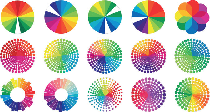 Comprehensive Color Wheel and Palette Set with Halftone Dots, Circular Gradients, and Vibrant Spectrum Samples for Graphic Designers, Artists, and Digital Creative Media ProjectsComprehensive Color Wh