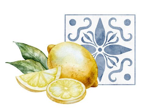 Lemon watercolor illustration with Citrus fruit, slices and ceramic tile ornament. Mediterranean style element on isolated background for kitchen decor, packaging, branding and interior design.
