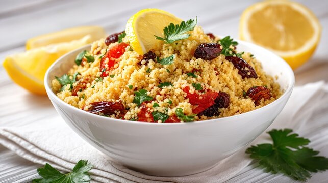 Delicious homemade vegetarian couscous with dates, raisins, parsley, tomato, lemon and olive oil in a white bowl on white background, Traditional Moroccan and Arabic Salad Tabbouleh
