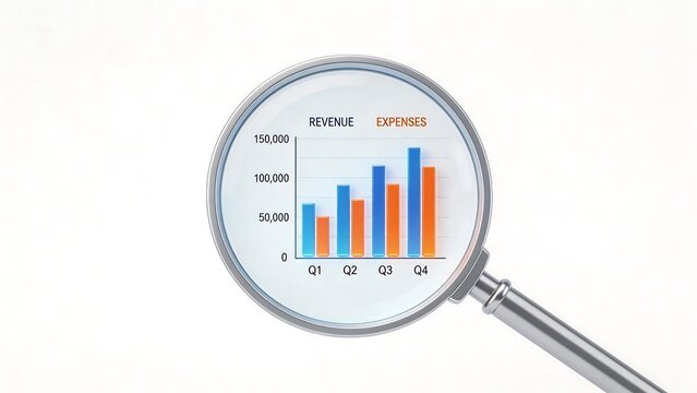 Magnifying glass over revenue and expenses chart