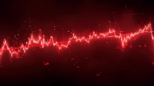 Red laser beam transitions into a dynamic waveform with fluctuating peaks and valleys, creating a vivid visual representation of sound or data in a dark background