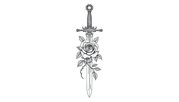 A silver sword with a detailed rose and leaves wrapped around the blade on white background