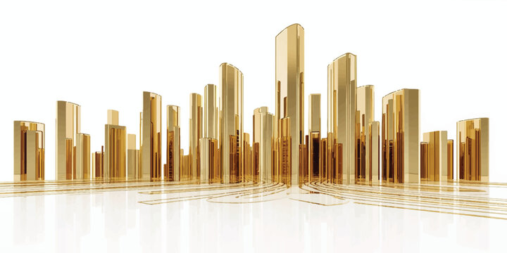 A 3d vector illustration of a golden bar chart rising above a modern city skyline with high business skyscrapers and urban architecture reflecting against the sky