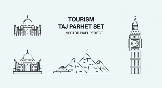 Iconic Global Landmarks Tourism Taj Mahal Pyramids Big Ben Set.