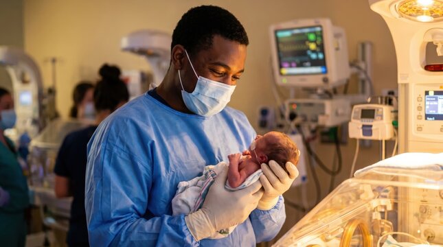 Medical Professional in Scrubs and Mask Holding Newborn Baby in Hospital NICU.