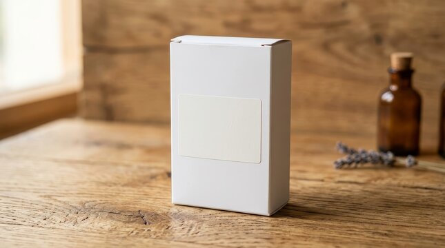 Minimal white pharmacy box mockup on natural wood surface