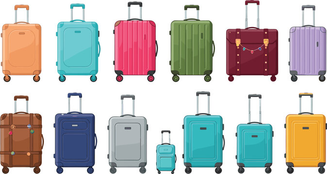 Travel Suitcase Vector Set Featuring Various Colorful Rolling Luggage Bags Trunks And Carry On Cases For Vacation Tourism And Trip Graphic Designs
