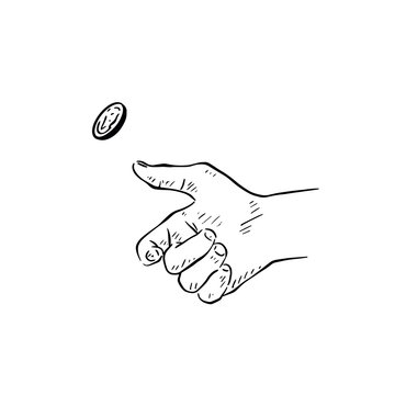 Flipping a coin illustration, drawn by hand in black line.