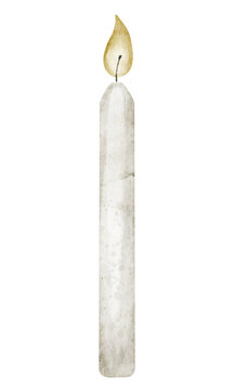 Candle watercolor illustration with soft flame in pastel colors. Hand painted Birthday element isolated on background. Suitable for childish greeting cards or kids invitations and party design.