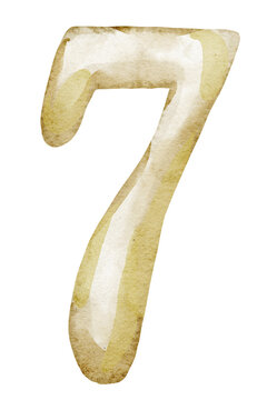 Number Seven watercolor illustration in golden tones. Hand painted Digit isolated on background. Suitable for childish birthday, anniversary and celebration typography design.