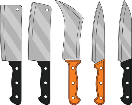 Kitchen Knife Vector Set Featuring Various Sharp Steel Blades Including Meat Cleavers And Chef Knives With Black and Orange Handles For Cooking Food Preparation And Culinary Graphic Designs