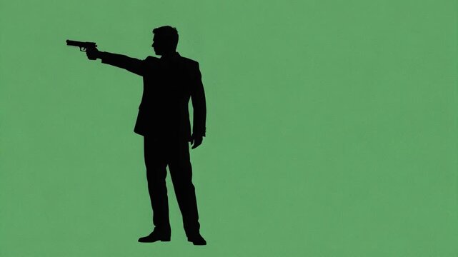 Man in Suit Pointing Gun Silhouette Against Green Screen for Action Scene Compositing