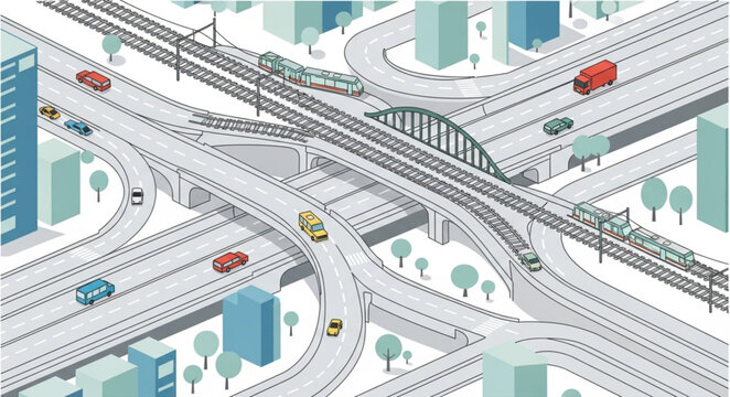 Busy urban highway interchange with cars and trucks.